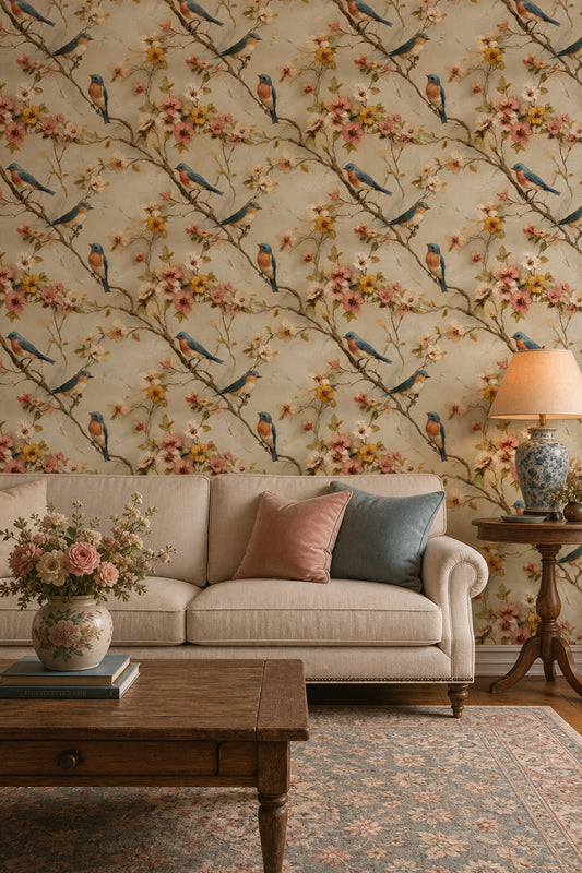 Muted Green Wallpaper Botanical Birds Decorative Mural