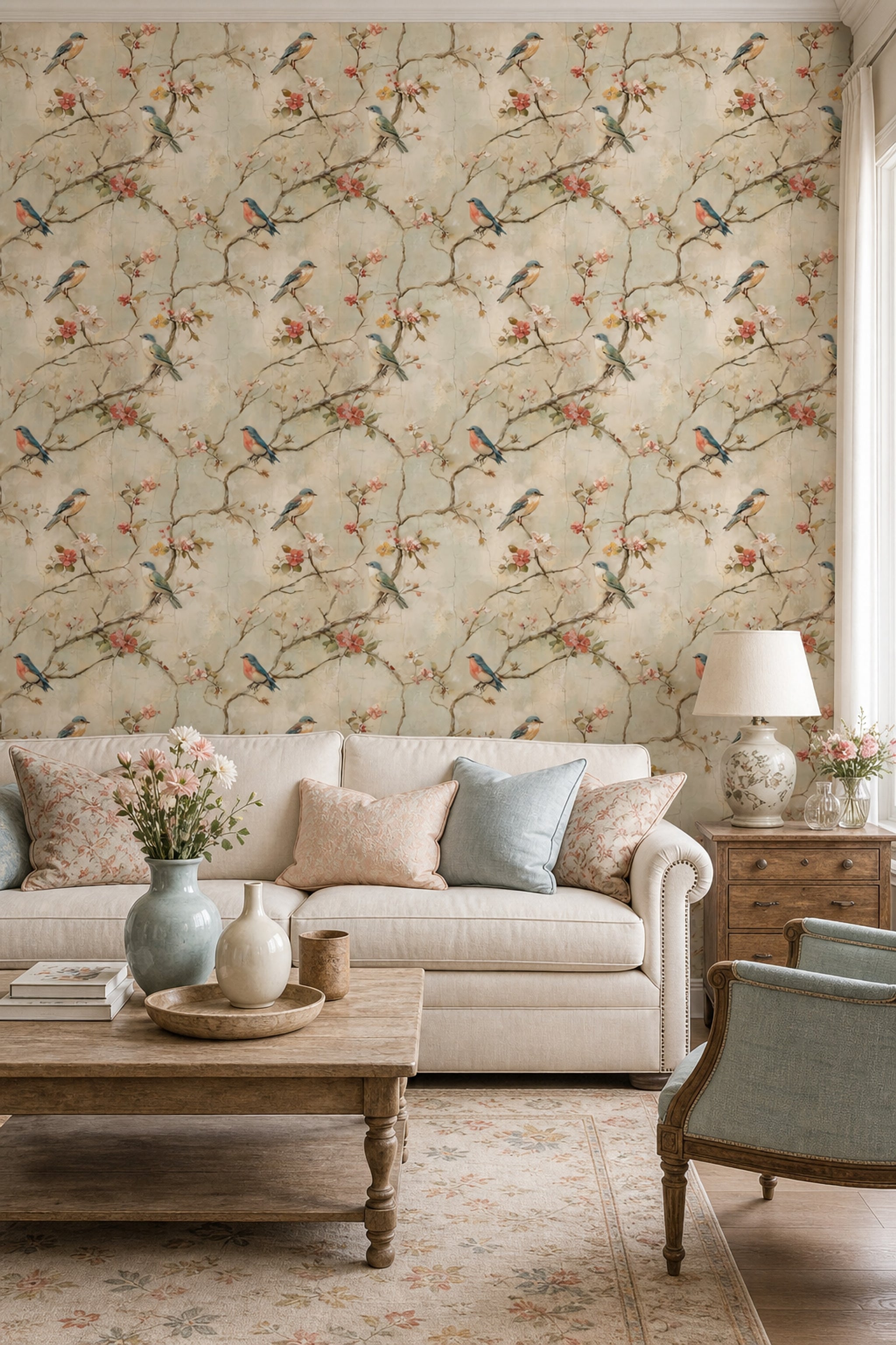 Floral Branches Wallpaper Songbirds Removable Vintage Fresco Wall Double Roll