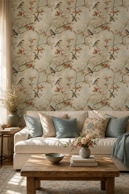 Floral Branches Wallpaper Songbirds Removable Vintage Fresco Wall Double Roll