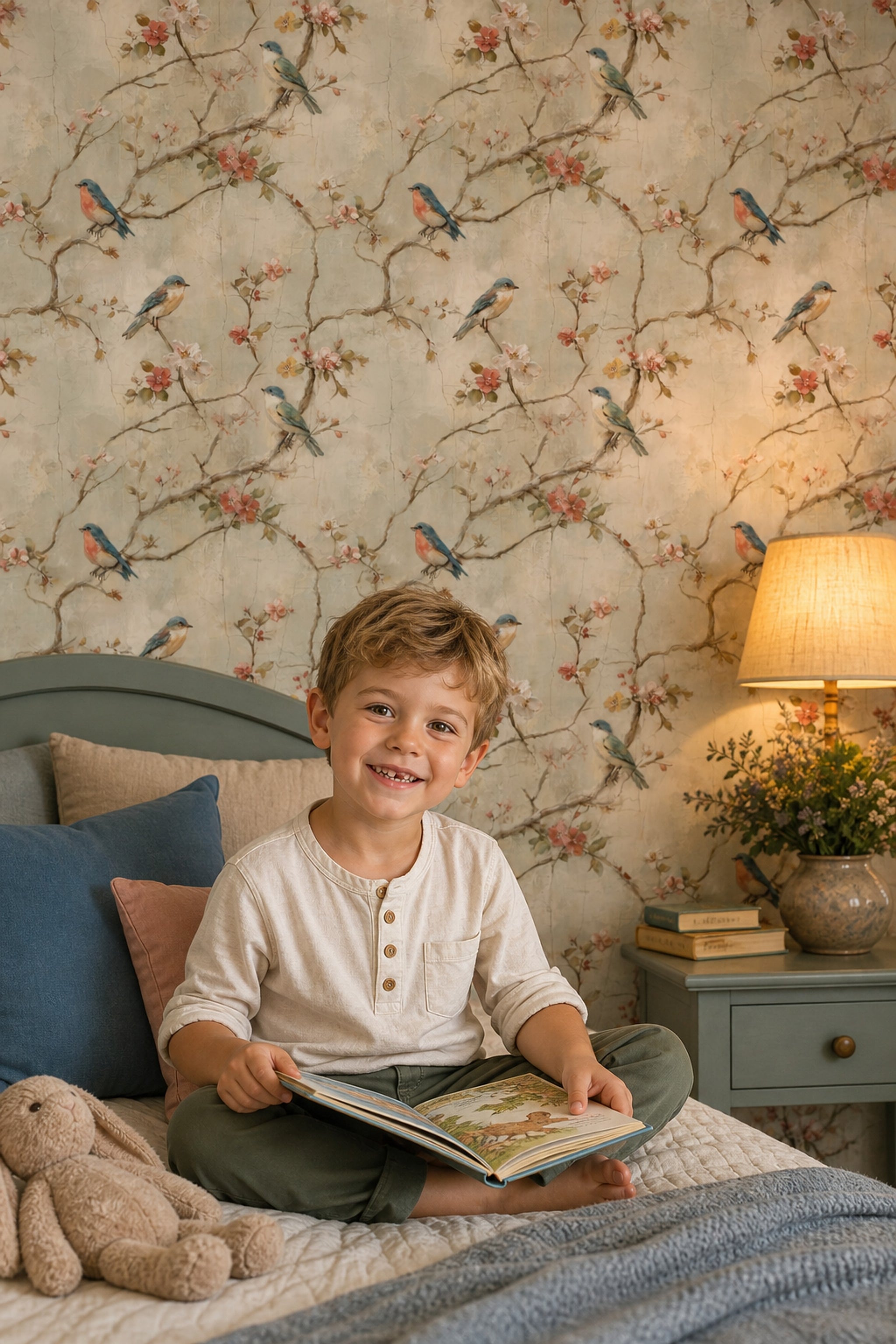 Floral Branches Wallpaper Songbirds Removable Vintage Fresco Wall Double Roll