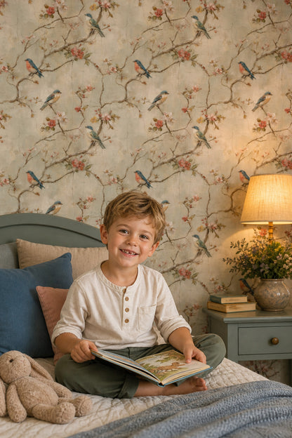 Floral Branches Wallpaper Songbirds Removable Vintage Fresco Wall Double Roll