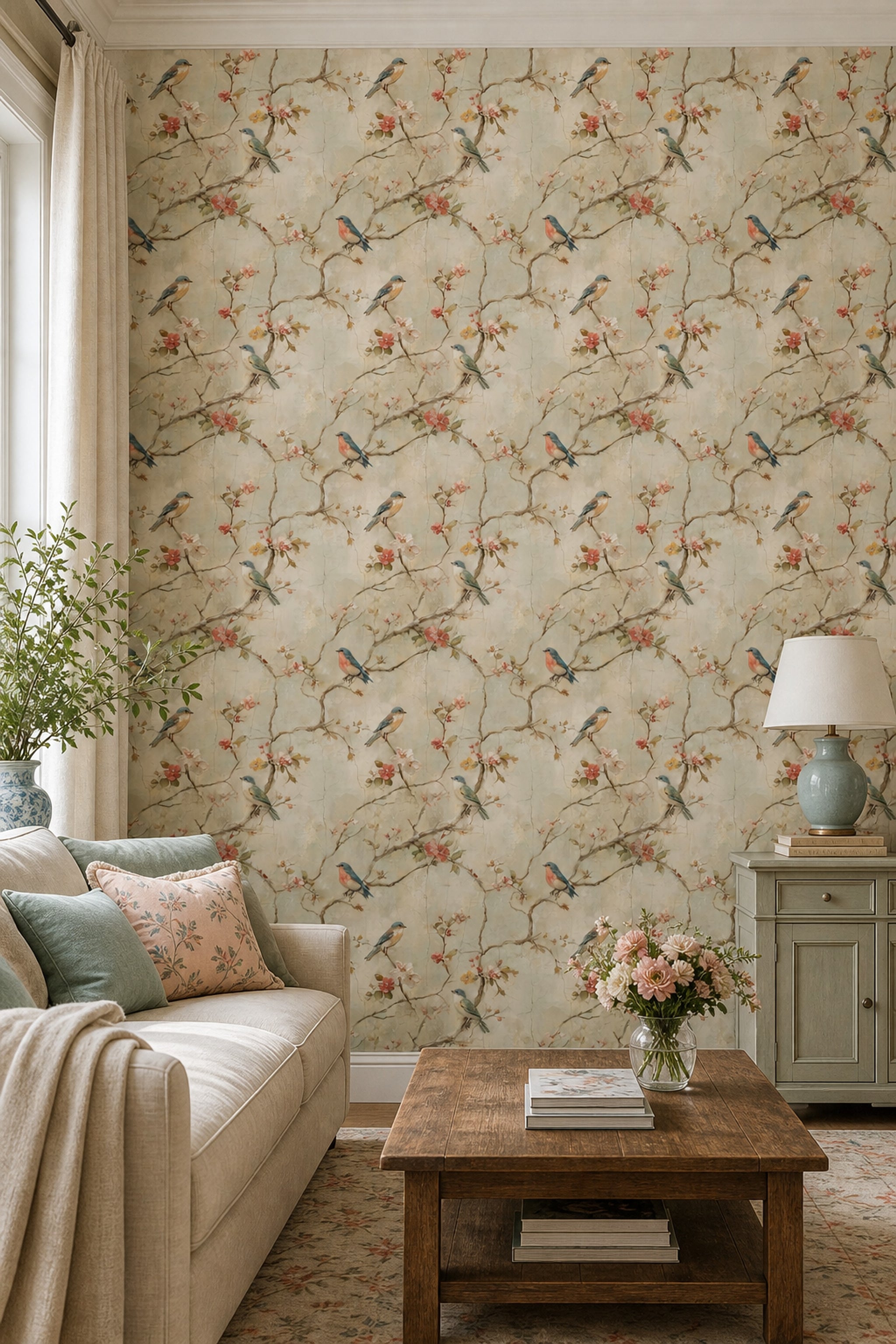 Floral Branches Wallpaper Songbirds Removable Vintage Fresco Wall Double Roll