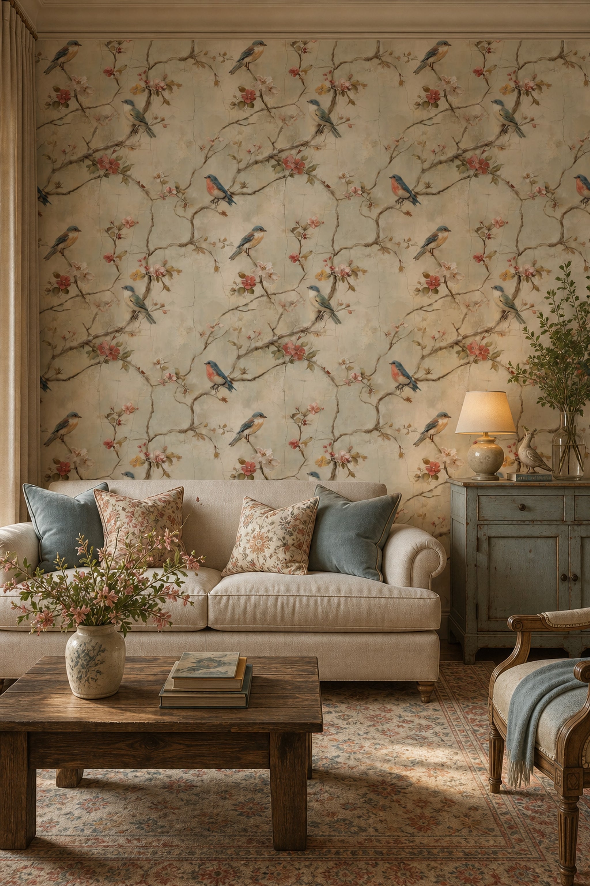 Floral Branches Wallpaper Songbirds Removable Vintage Fresco Wall Double Roll