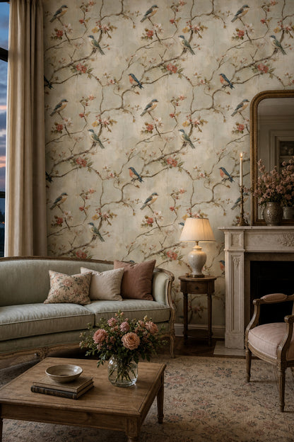 Floral Branches Wallpaper Songbirds Removable Vintage Fresco Wall Double Roll
