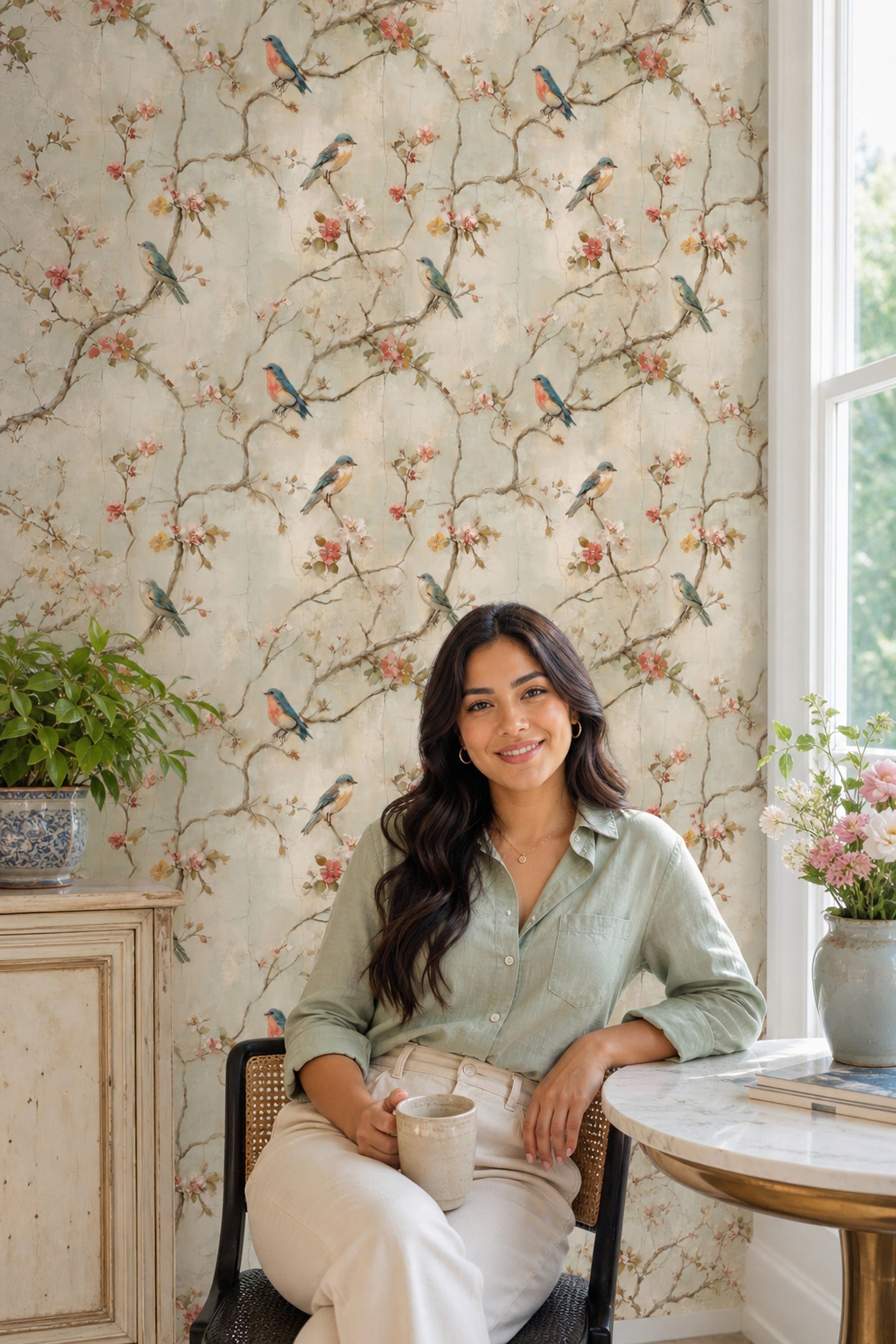Floral Branches Wallpaper Songbirds Removable Vintage Fresco Wall Double Roll