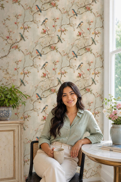 Floral Branches Wallpaper Songbirds Removable Vintage Fresco Wall Double Roll