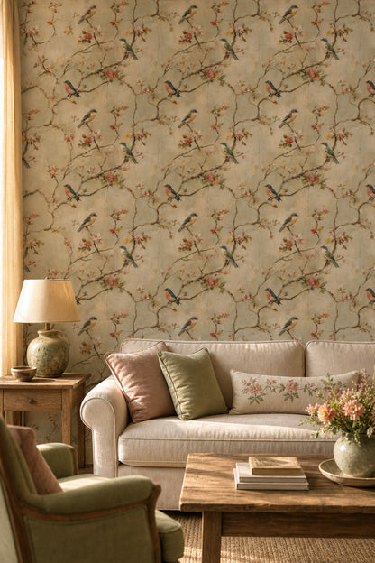 Floral Branches Wallpaper Songbirds Removable Vintage Fresco Wall Double Roll