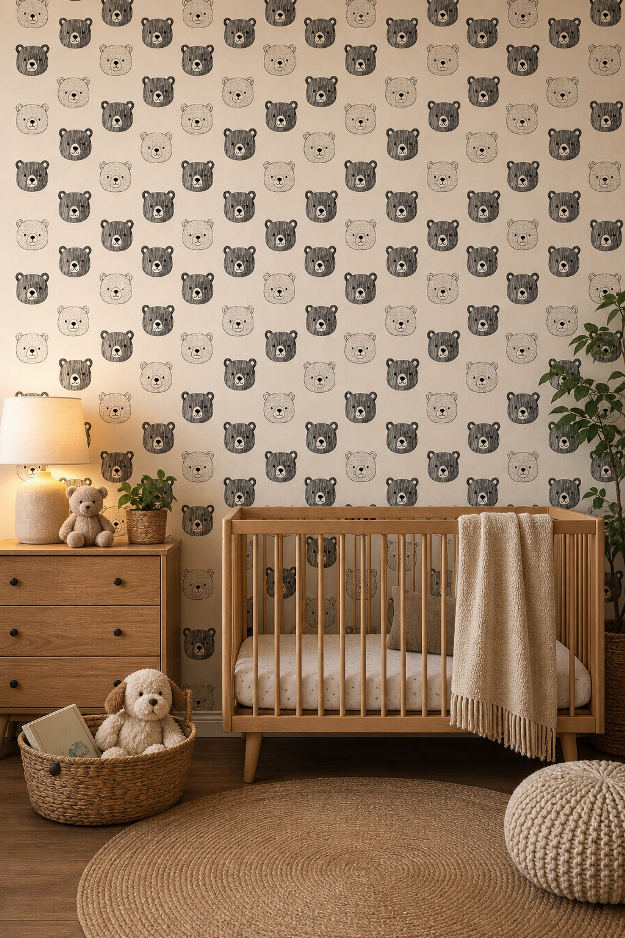 Teddy Bear Faces Wallpaper Nursery Wallpaper Hand Drawn Line Art Decorative Mural