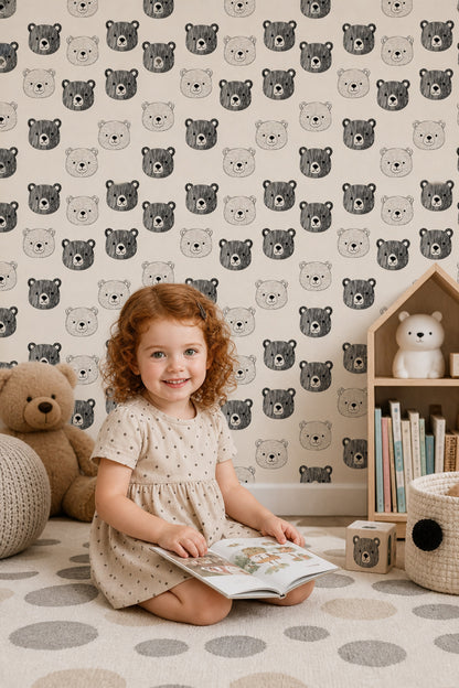 Teddy Bear Faces Wallpaper Nursery Wallpaper Hand Drawn Line Art Decorative Mural