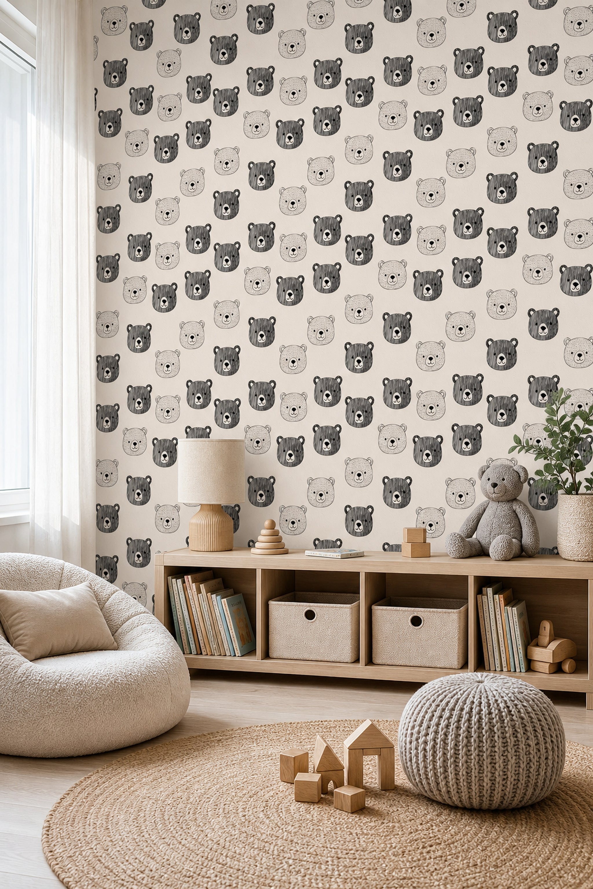 Teddy Bear Faces Wallpaper Nursery Wallpaper Hand Drawn Line Art Decorative Mural