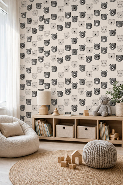 Teddy Bear Faces Wallpaper Nursery Wallpaper Hand Drawn Line Art Decorative Mural