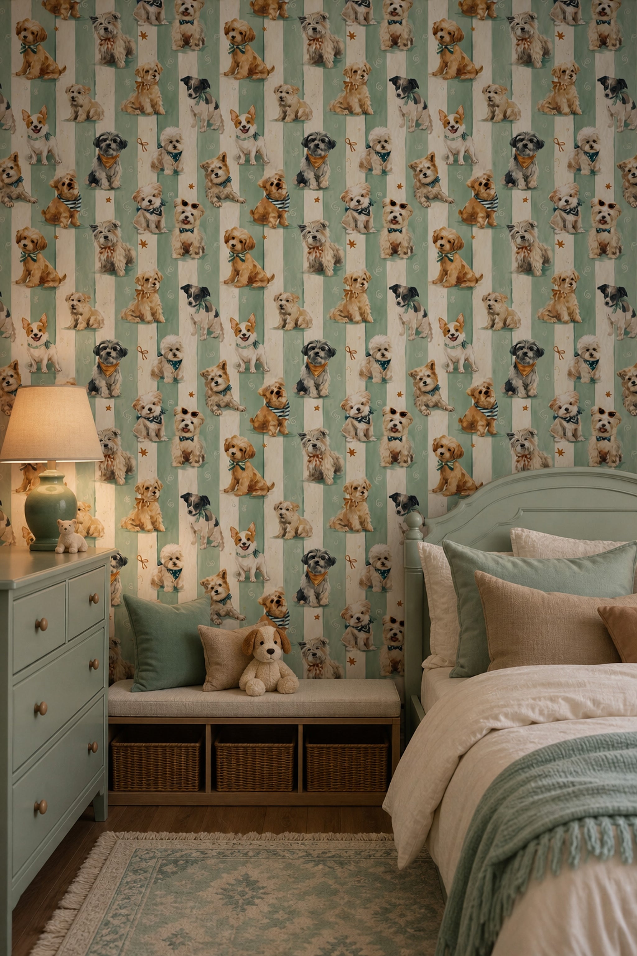 Watercolor Dogs Wallpaper Pet Wallpaper Removable Seafoam Green Stripes Wall Double Roll