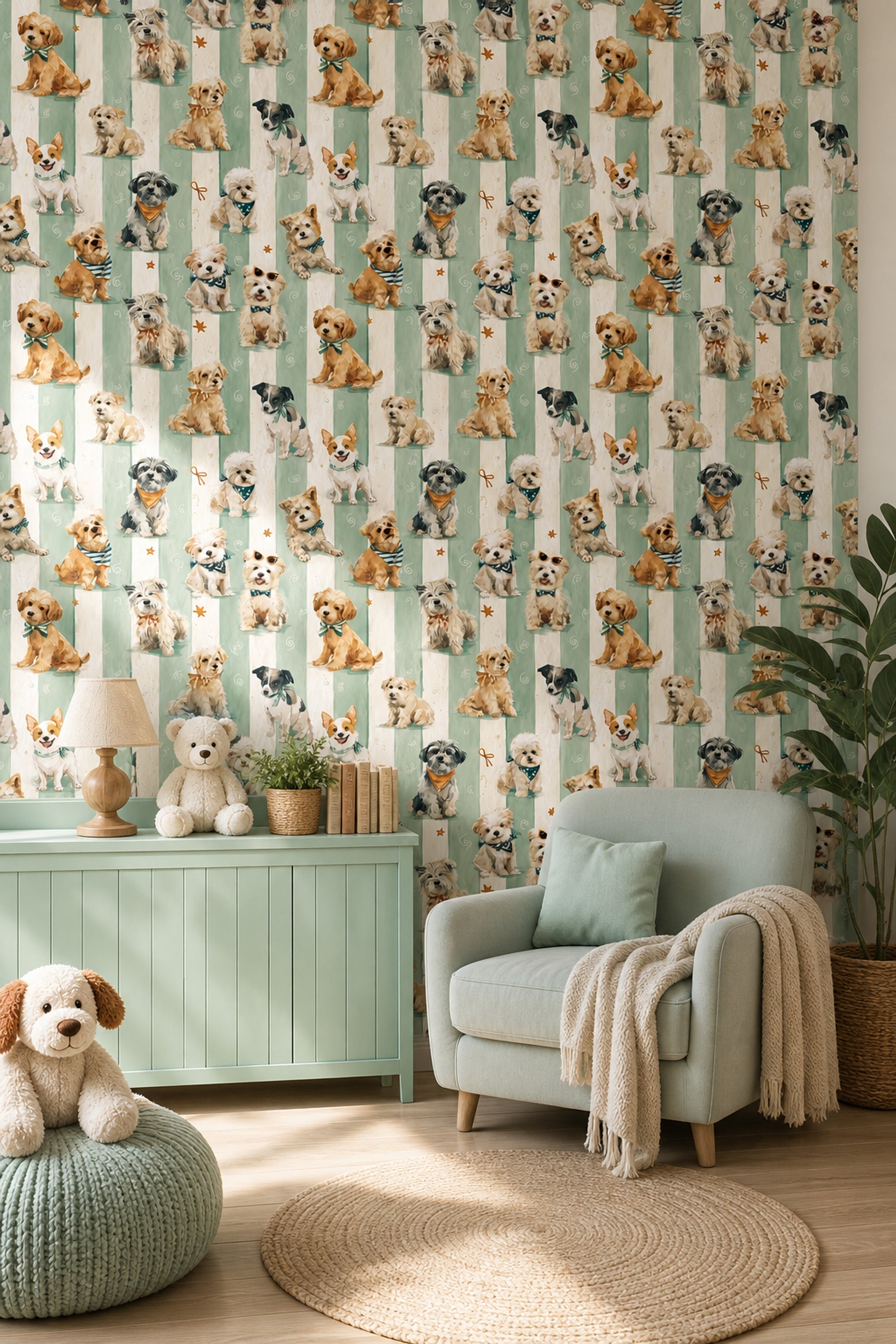 Watercolor Dogs Wallpaper Pet Wallpaper Removable Seafoam Green Stripes Wall Double Roll