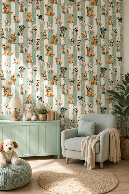 Watercolor Dogs Wallpaper Pet Wallpaper Removable Seafoam Green Stripes Wall Double Roll