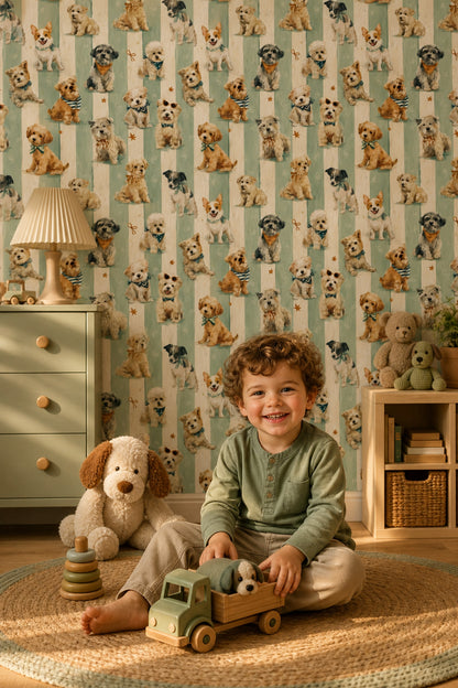 Watercolor Dogs Wallpaper Pet Wallpaper Removable Seafoam Green Stripes Wall Double Roll