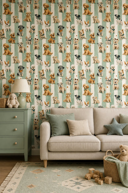 Watercolor Dogs Wallpaper Pet Wallpaper Removable Seafoam Green Stripes Wall Double Roll