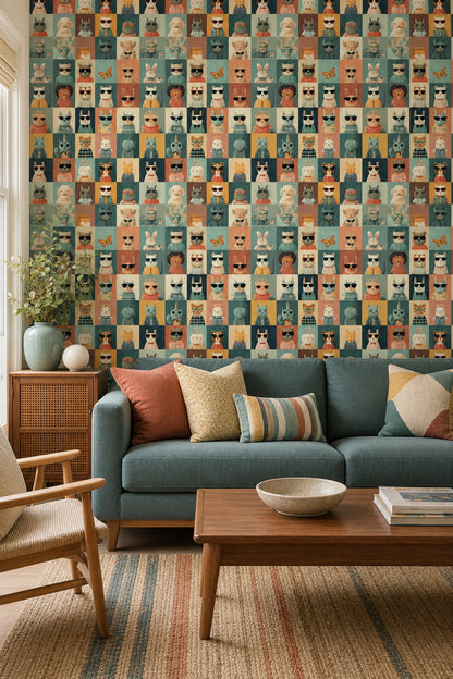 Cute Animal Portraits Wallpaper Grid Tiles Retro Sunglasses Decorative Mural