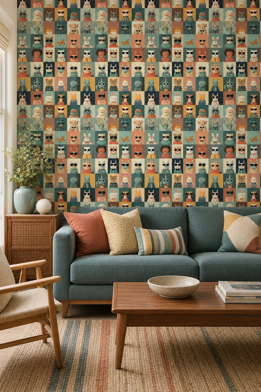 Cute Animal Portraits Wallpaper Grid Tiles Retro Sunglasses Decorative Mural