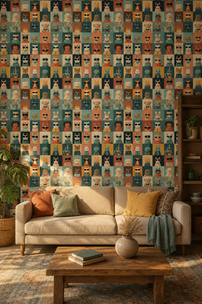 Cute Animal Portraits Wallpaper Grid Tiles Retro Sunglasses Decorative Mural