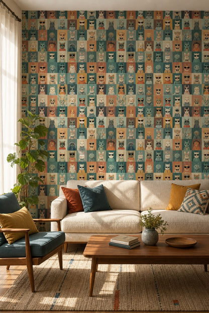 Cute Animal Portraits Wallpaper Grid Tiles Retro Sunglasses Decorative Mural