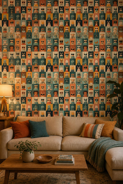 Cute Animal Portraits Wallpaper Grid Tiles Retro Sunglasses Decorative Mural