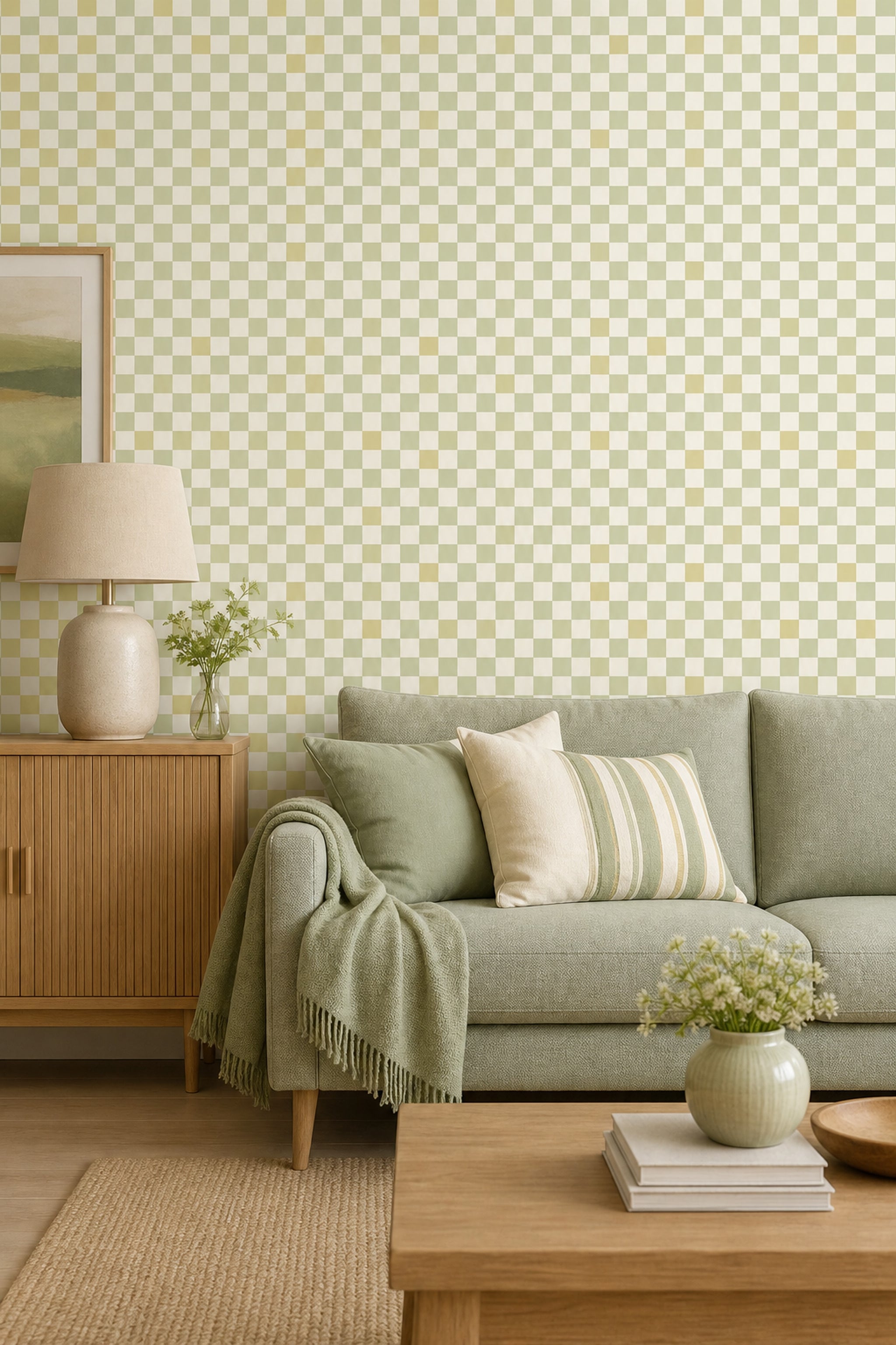 Checkered Wallpaper Gingham Inspired Removable Sage Green Wall Double Roll