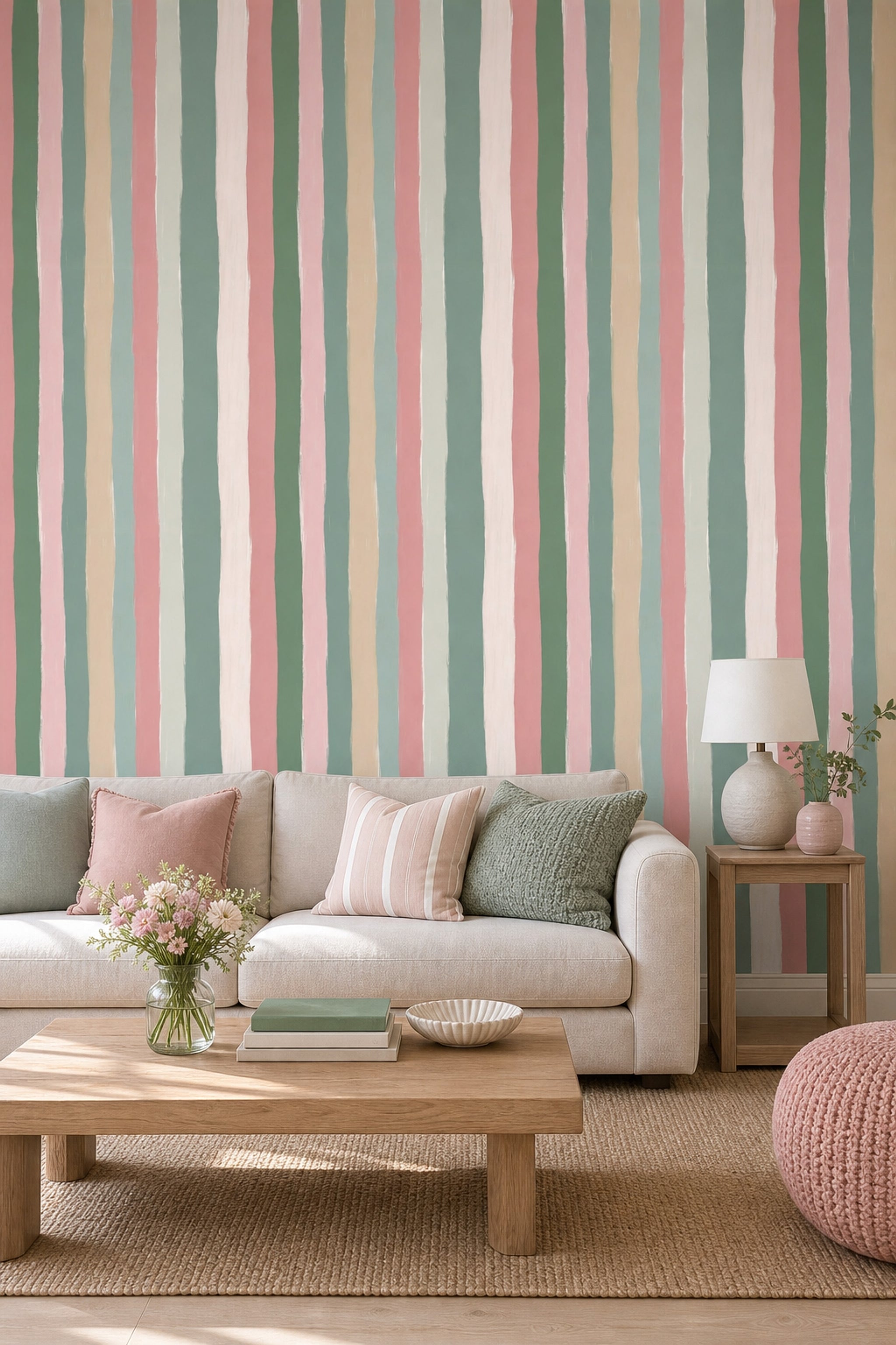 Abstract Stripes Wallpaper Vertical Brushstrokes Pastel Palette Removable Wall Decor