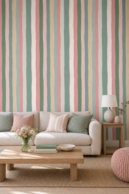 Abstract Stripes Wallpaper Vertical Brushstrokes Pastel Palette Removable Wall Decor