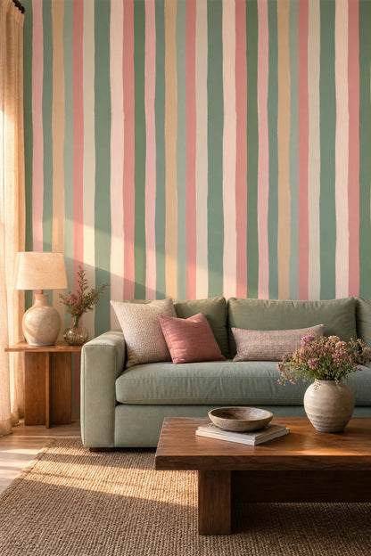 Abstract Stripes Wallpaper Vertical Brushstrokes Pastel Palette Removable Wall Decor