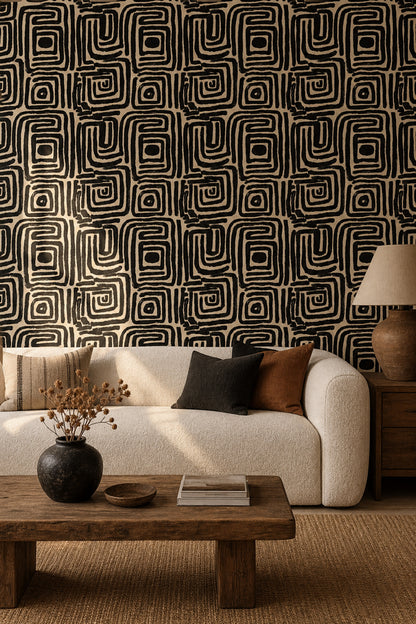 Abstract Geometric Wallpaper Maze Pattern Removable Bold Brushstroke Wall Double Roll
