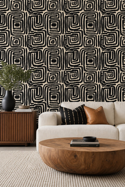 Abstract Geometric Wallpaper Maze Pattern Removable Bold Brushstroke Wall Double Roll