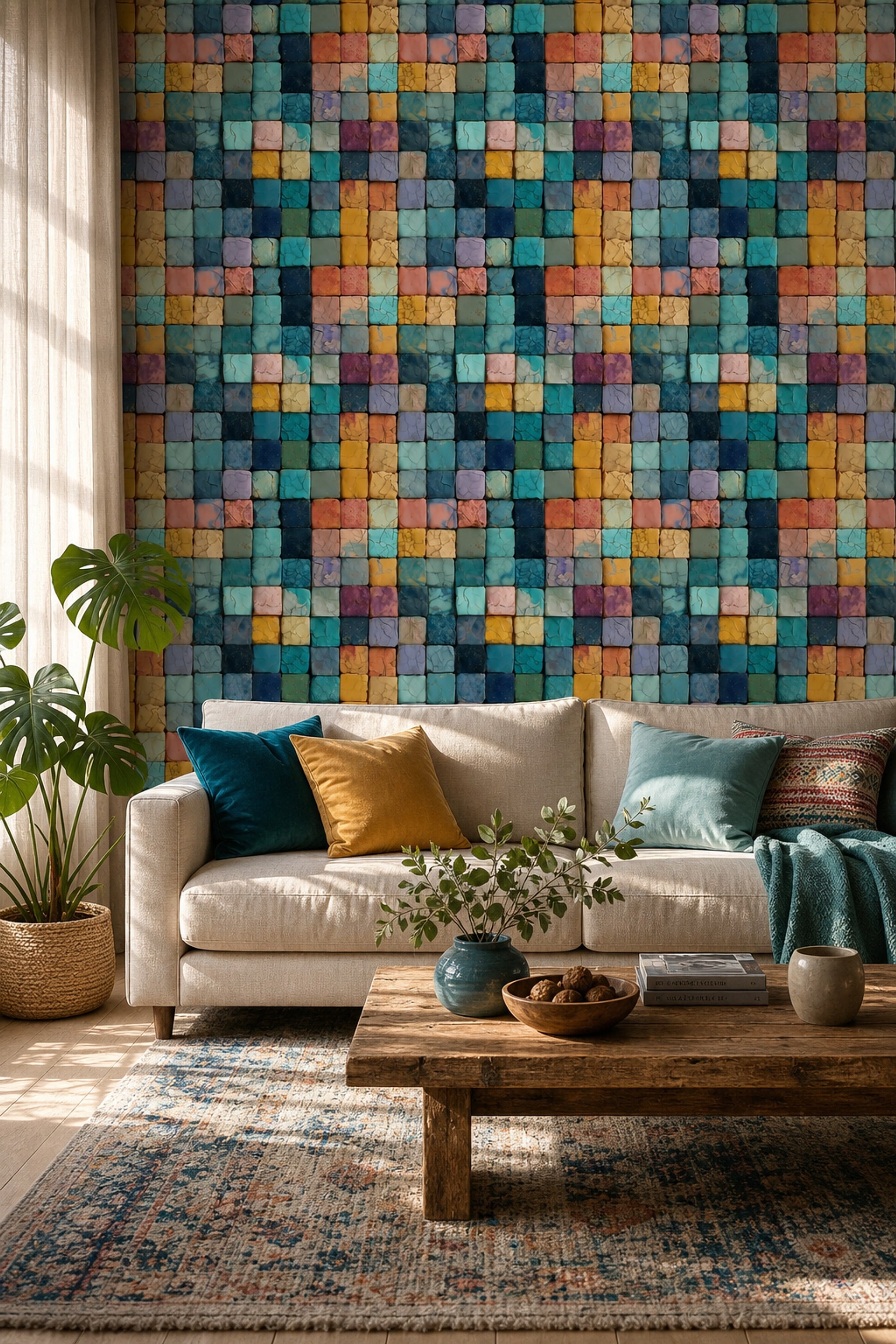 Geometric Mosaic Wallpaper Cracked Tile Texture Blue Teal Palette Decorative Mural