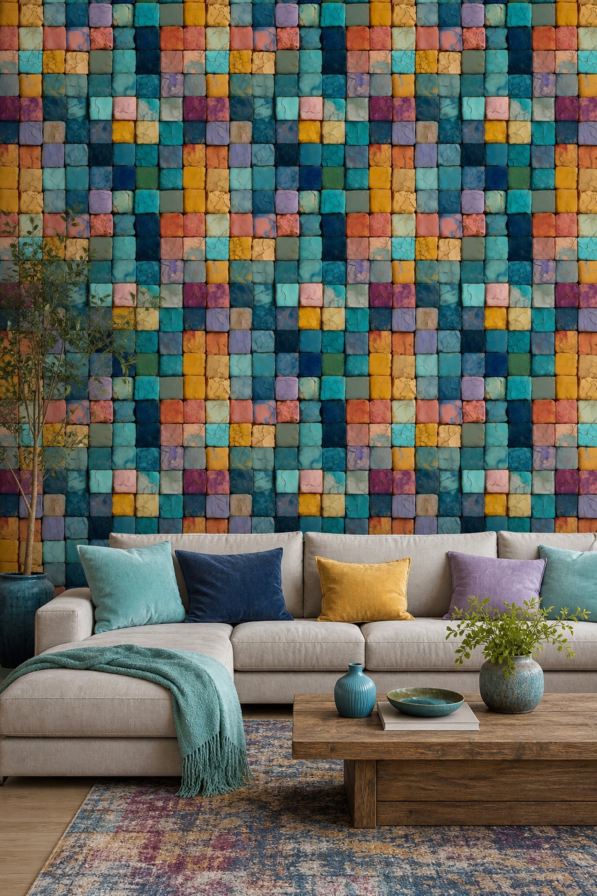 Geometric Mosaic Wallpaper Cracked Tile Texture Blue Teal Palette Decorative Mural