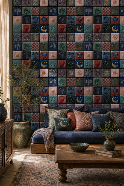 With Stars Wallpaper Celestial Removable Vintage Tile Wall Double Roll