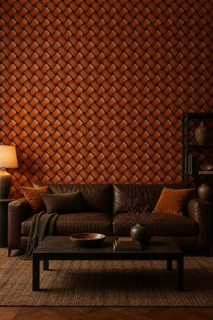 Woven Leather Wallpaper Basket Weave Removable Geometric Pattern Wall Double Roll