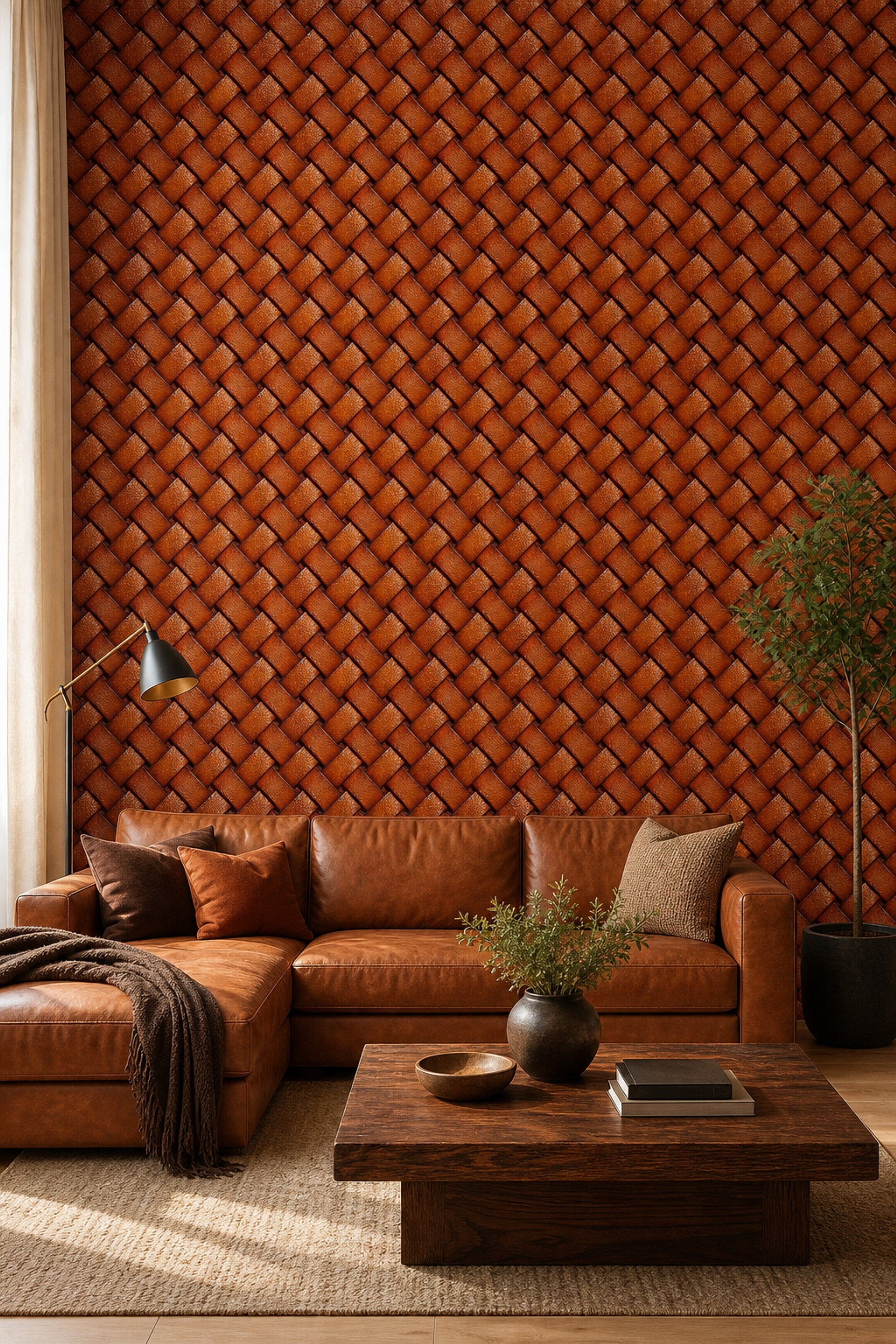 Woven Leather Wallpaper Basket Weave Removable Geometric Pattern Wall Double Roll