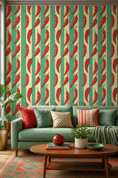 Chili Peppers Wallpaper Striped Background Retro Print Removable Wall Decor