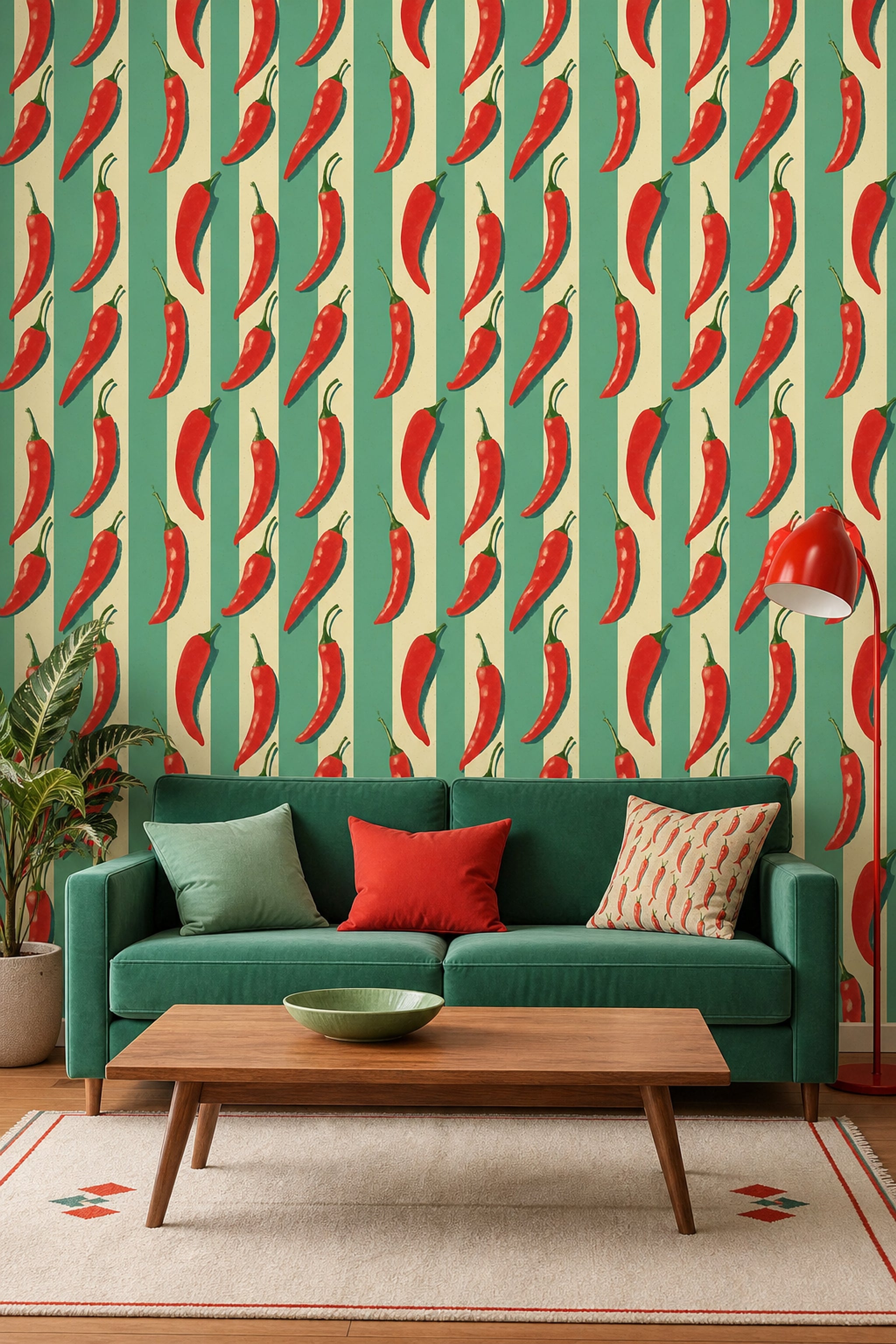 Chili Peppers Wallpaper Striped Background Retro Print Removable Wall Decor