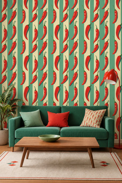 Chili Peppers Wallpaper Striped Background Retro Print Removable Wall Decor