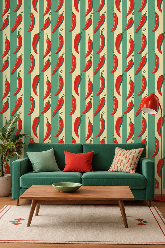 Chili Peppers Wallpaper Striped Background Retro Print Removable Wall Decor