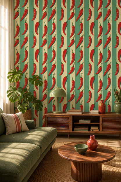 Chili Peppers Wallpaper Striped Background Retro Print Removable Wall Decor