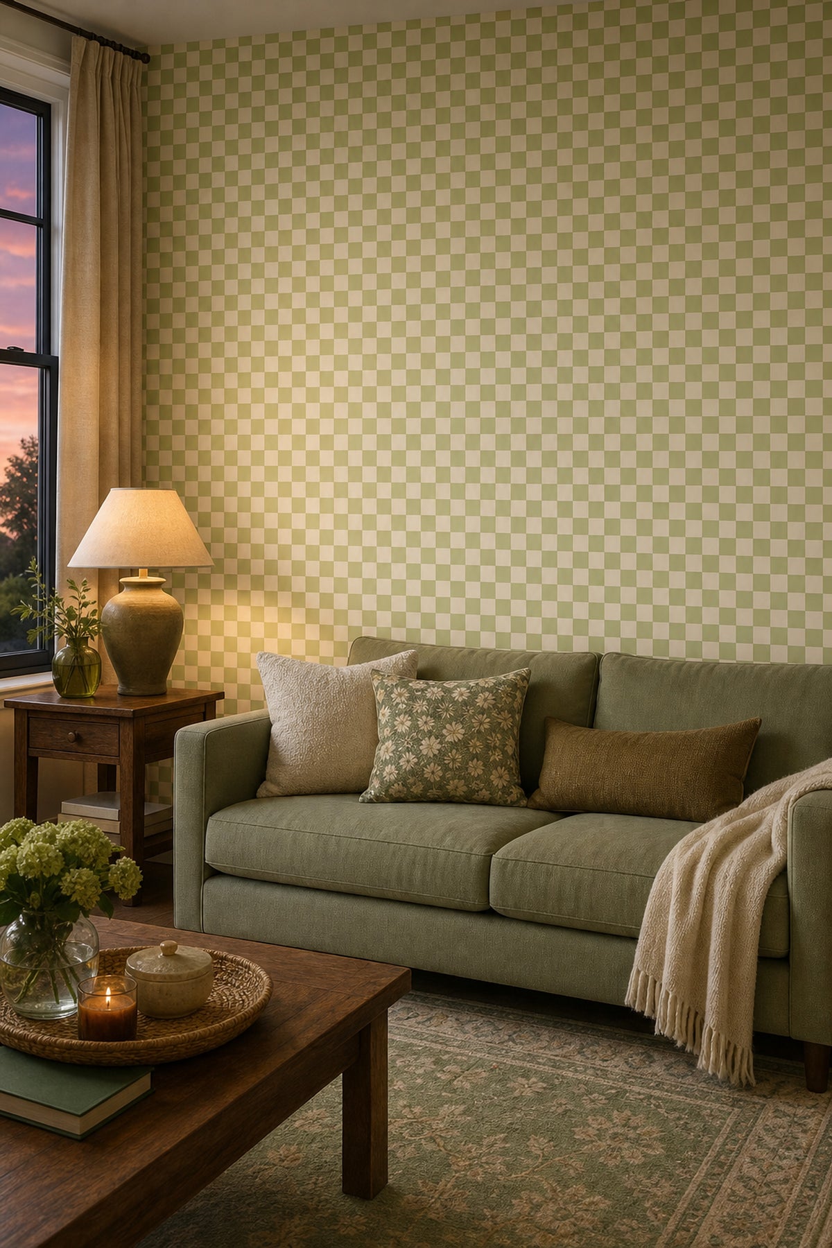 Checkered Wallpaper Gingham Inspired Removable Sage Green Wall Double Roll