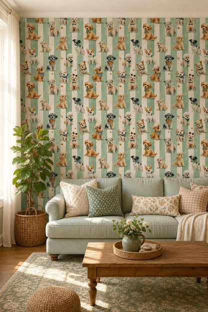 Watercolor Dogs Wallpaper Pet Wallpaper Removable Seafoam Green Stripes Wall Double Roll