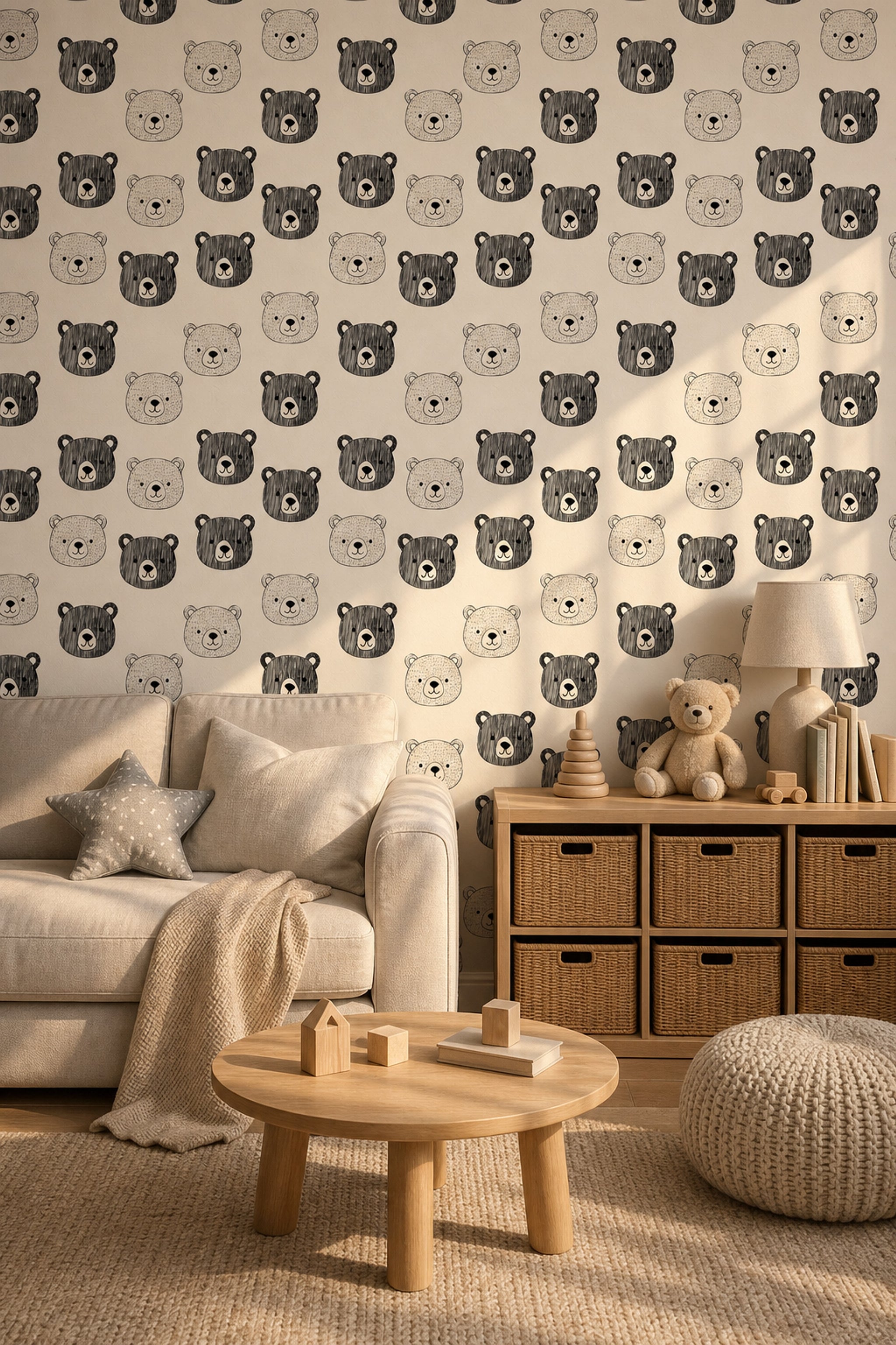 Teddy Bear Faces Wallpaper Nursery Wallpaper Hand Drawn Line Art Decorative Mural