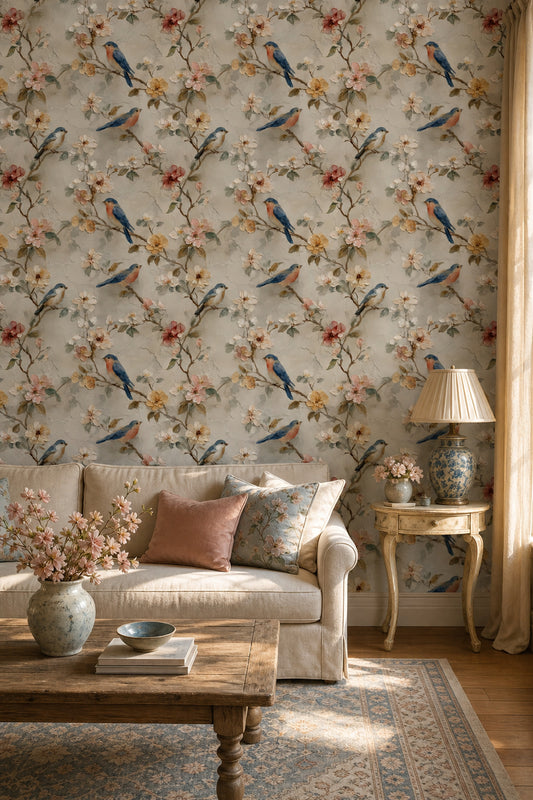 Muted Green Wallpaper Blue Birds Vintage Removable Wall Decor