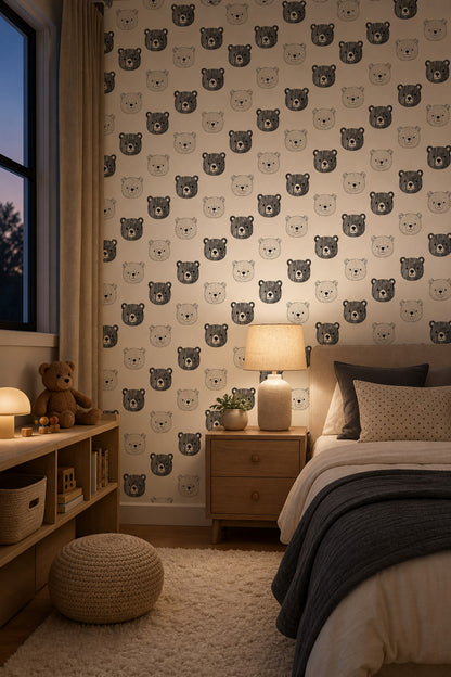 Teddy Bear Faces Wallpaper Nursery Wallpaper Hand Drawn Line Art Decorative Mural