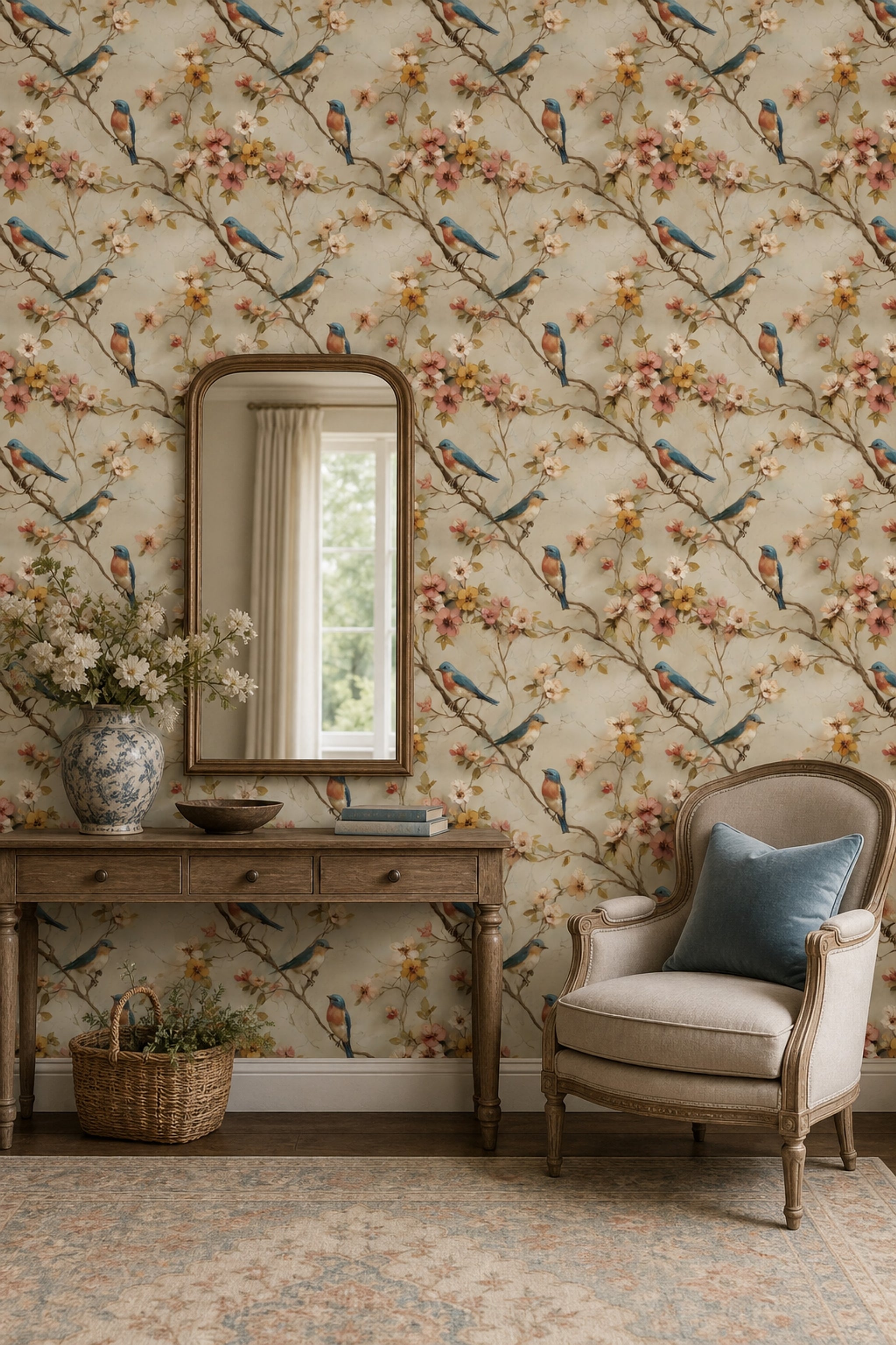 Muted Green Wallpaper Botanical Birds Decorative Mural
