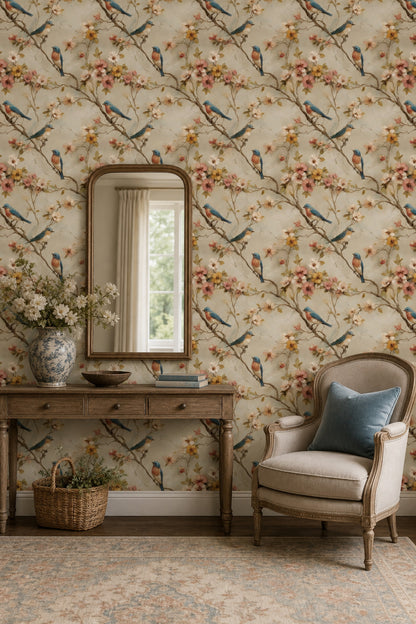 Muted Green Wallpaper Botanical Birds Decorative Mural