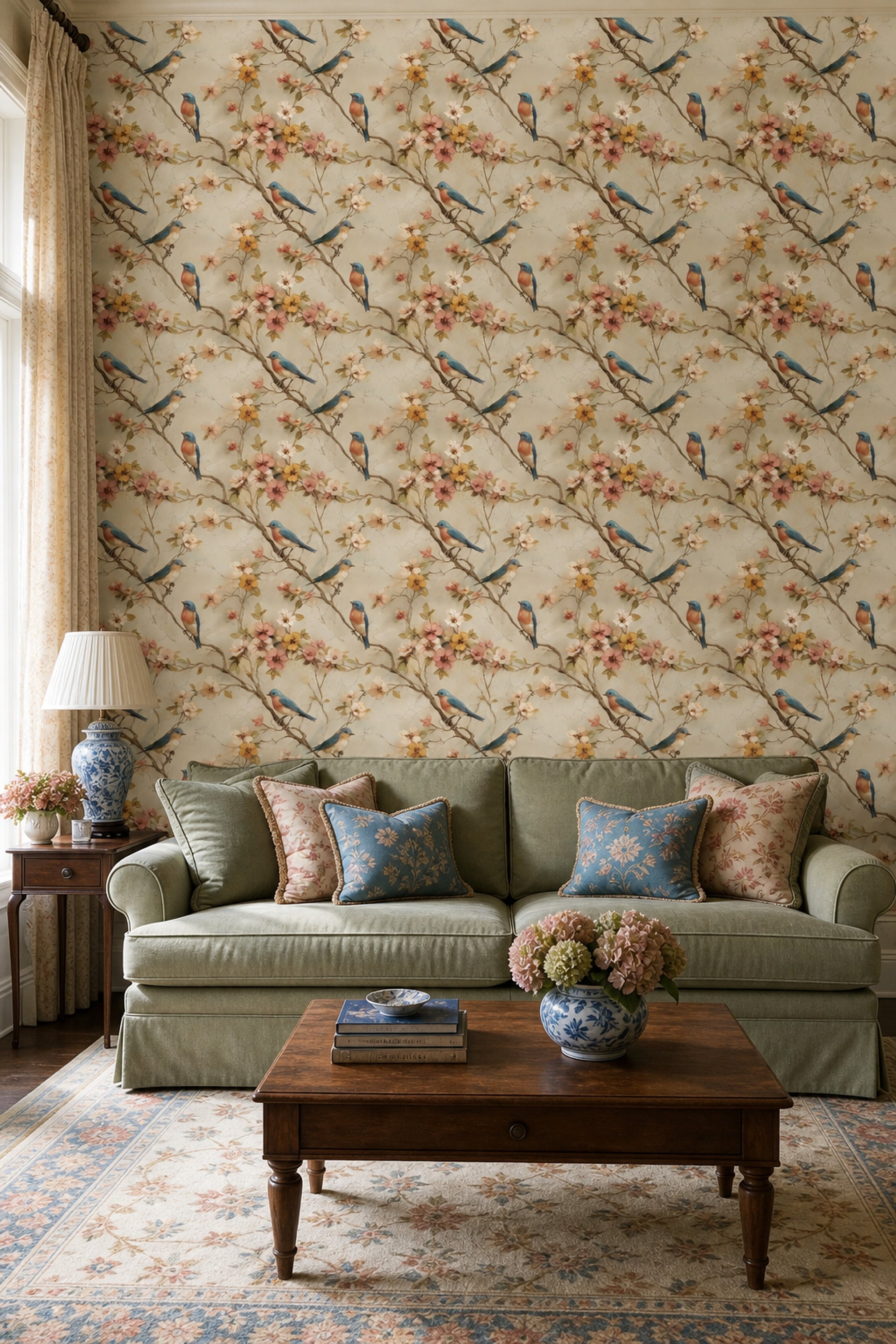 Muted Green Wallpaper Botanical Birds Decorative Mural