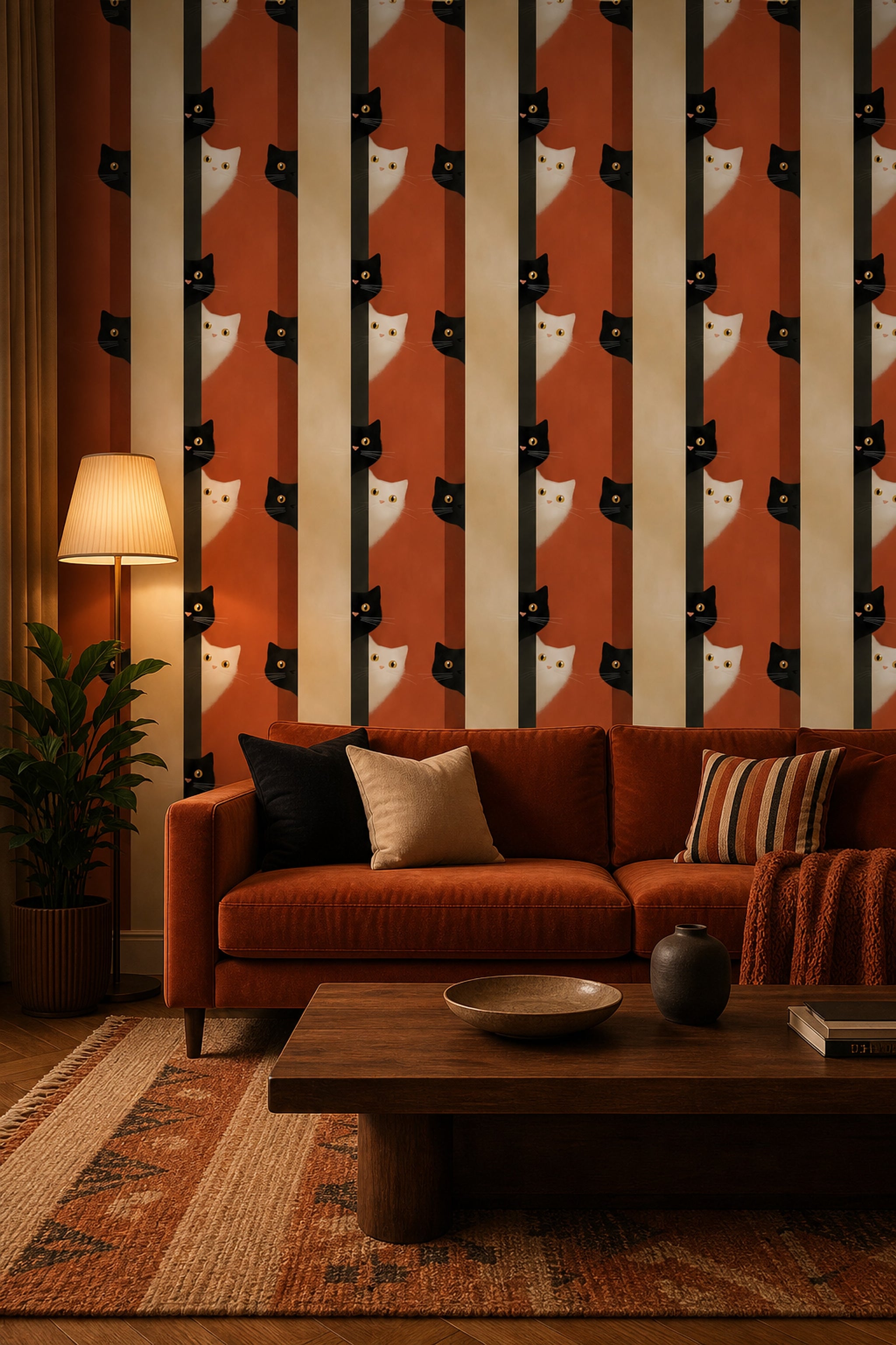 Cat Illustration Wallpaper Striped Background Modern Minimalist Removable Wall Decor